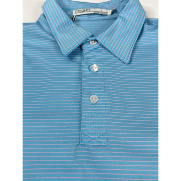 Criquet Polo Shirt Mens Large Blue Pink Striped Stretch Performance Golf - Picture 8 of 14